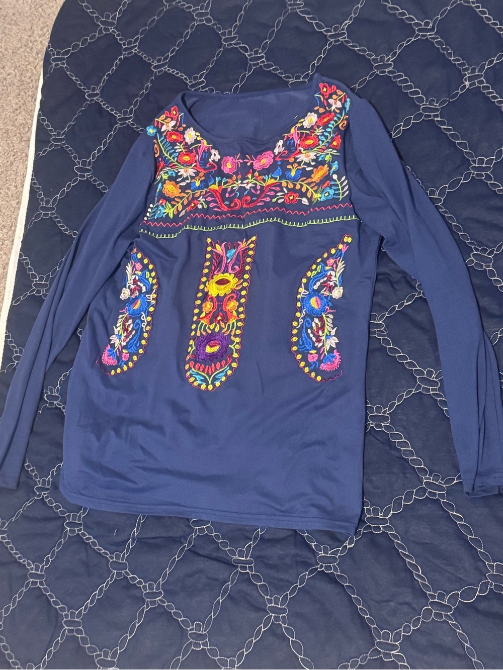 MEXICANA Navy Embroidered Long-Sleeve Tunic with Multicolor Floral Motifs